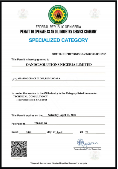 O&G Solutions Certificate