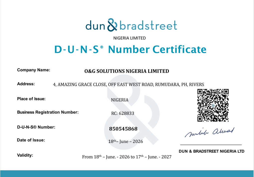 O&G Solutions Certificate
